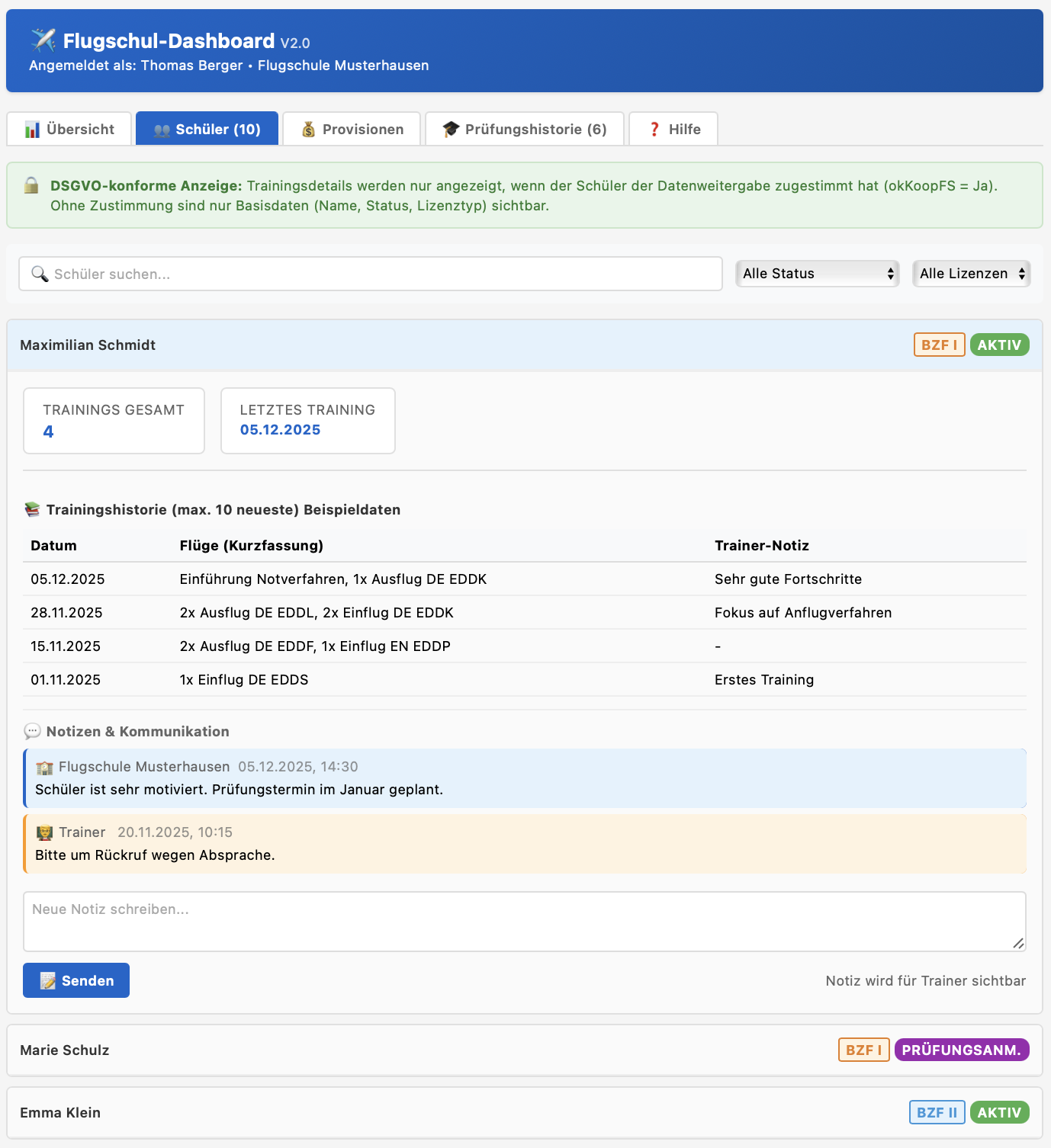 FSD: Schülerdetails und Trainingshistorie